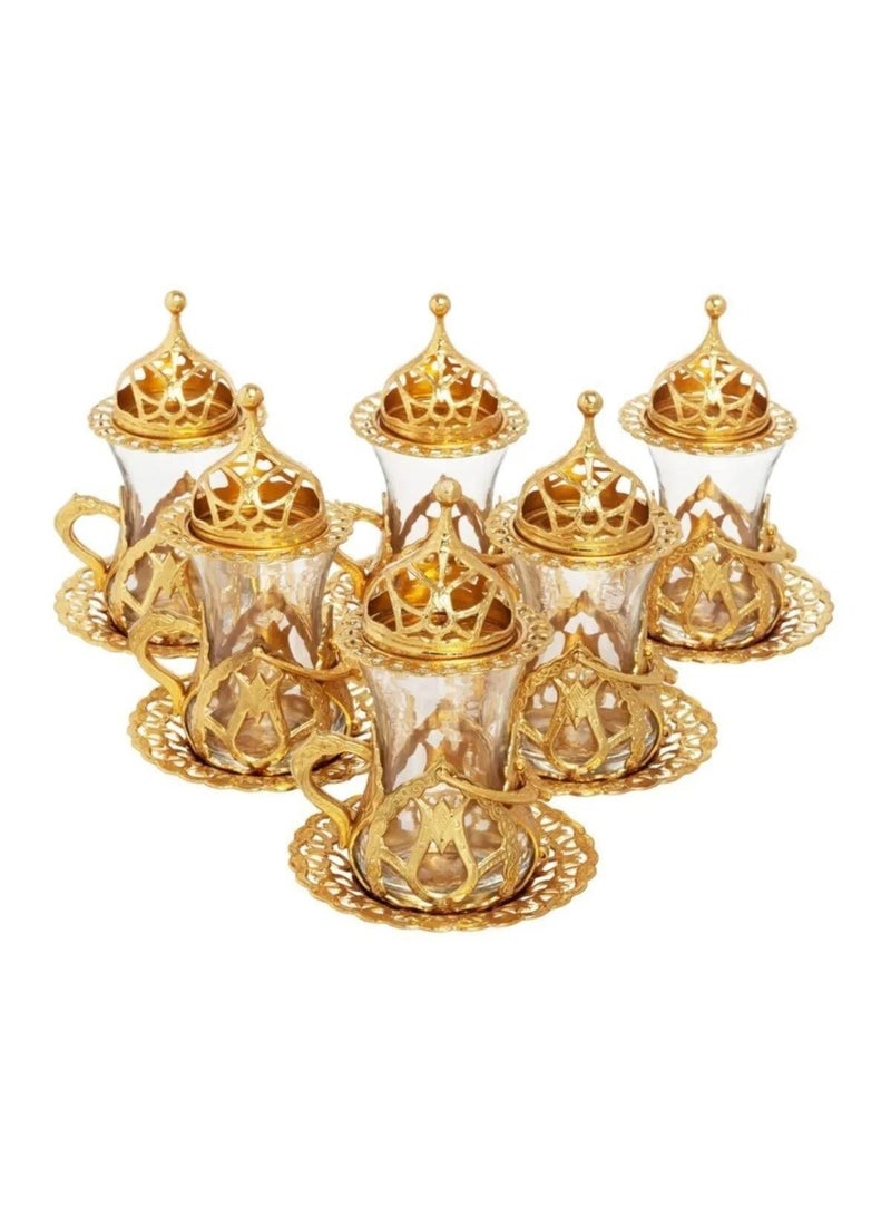 Acar Handmade Copper & Glass Turkish Tea Set (6 Glass Cups with Openable Tops (for Chocolate, Dates, or Turkish Delights) with Copper Saucers, Holders) – Antique Gold Finish, Luxury Design from Türkiye - Image 2